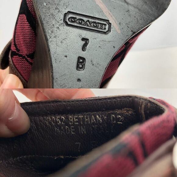 COACH Signature Monogram Canva Burgundy/wine Logo textile Bethany Wedge Mules 7 - Picture 10 of 16